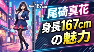 尾碕真花の身長167cmの魅力を徹底解説したブログ記事のアイキャッチ画像（イラスト風）