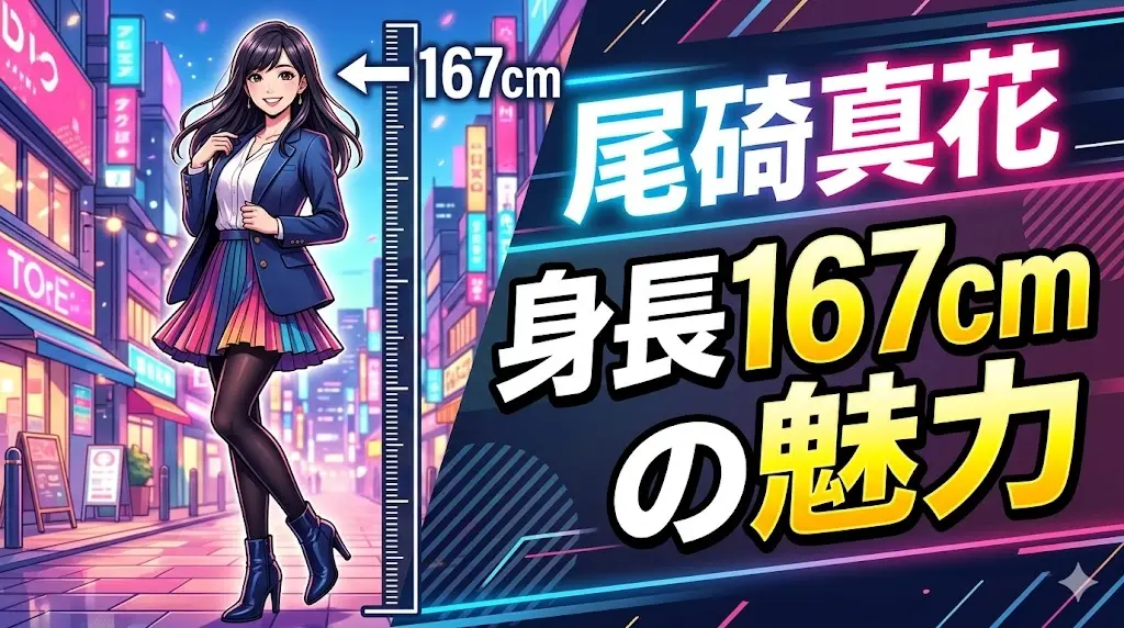 尾碕真花の身長167cmの魅力を徹底解説したブログ記事のアイキャッチ画像（イラスト風）