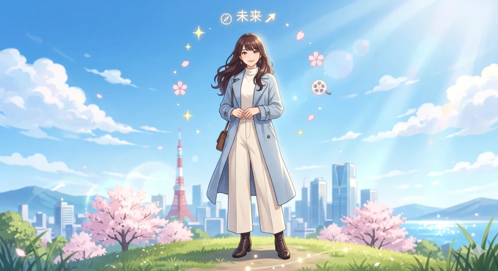 身長167cmの魅力的な高身長女優が笑顔で未来を見つめているまとめのイメージイラスト
