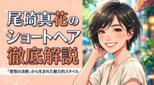 尾碕真花風の爽やかなショートヘアの女性イラスト。背景に「尾碕真花のショートヘア徹底解説」の文字がデザインされたブログアイキャッチ画像。
