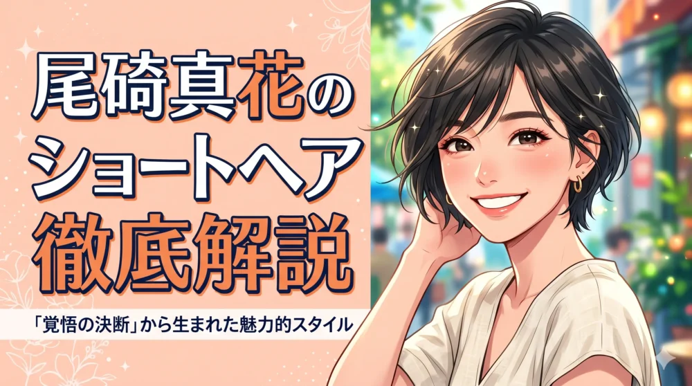 尾碕真花風の爽やかなショートヘアの女性イラスト。背景に「尾碕真花のショートヘア徹底解説」の文字がデザインされたブログアイキャッチ画像。