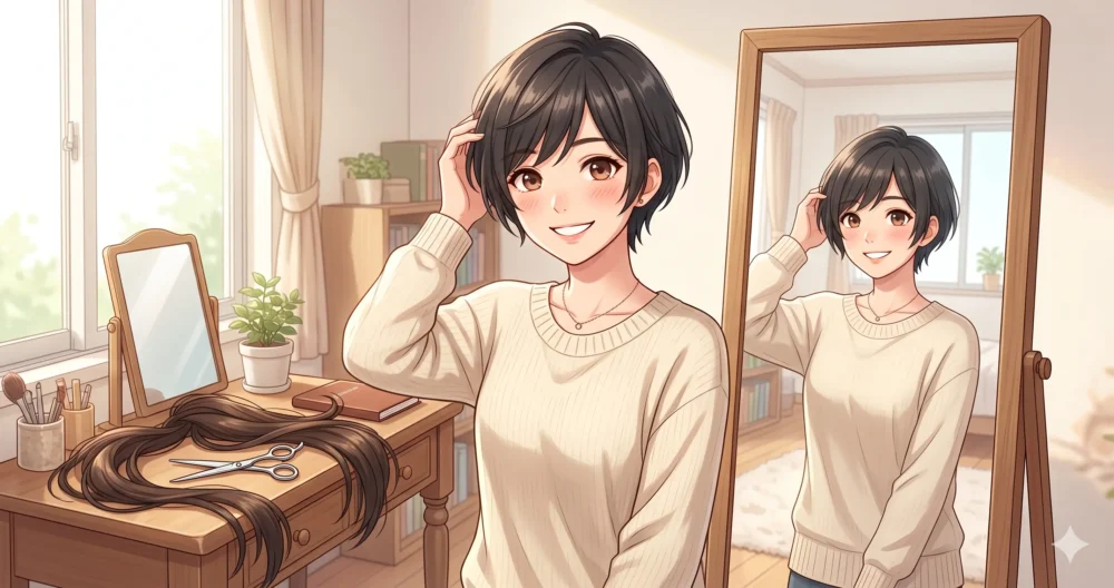 鏡の前でロングヘアをバッサリと切り、ショートヘアにして笑顔を見せる20代女性のイラスト。イメージチェンジと決意の瞬間。