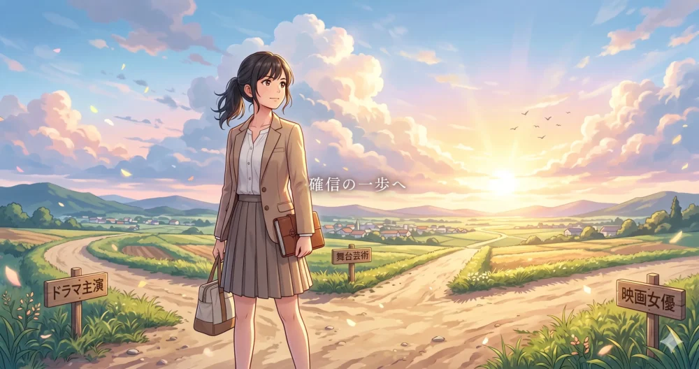 退所後の今後3つのシナリオや独立の可能性など、尾碕真花の次のステージへの展望を描いたイメージイラスト