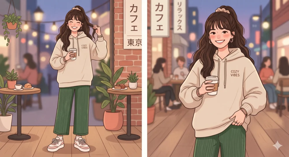 身長167cmの女性が大きめのパーカーをダボッと可愛く着こなしているファッションイラスト