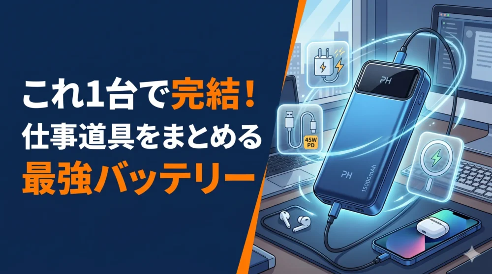 ブログアイキャッチ画像「これ1台で完結！仕事道具をまとめる最強バッテリー Philips DLP4351C 徹底レビュー」のイラスト