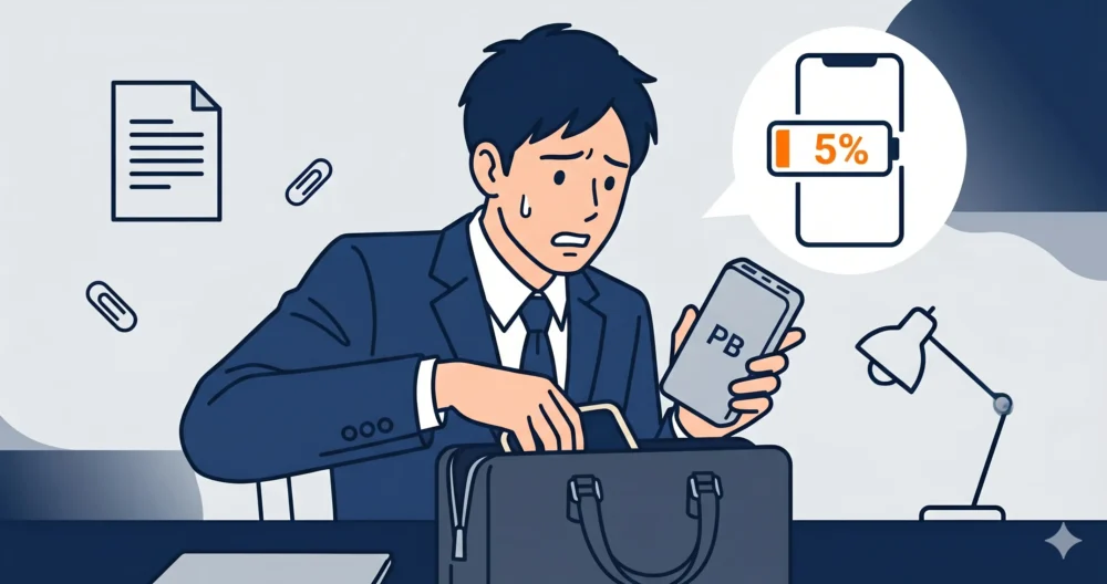 モバイルバッテリーはあるのに充電ケーブルを忘れて困っているビジネスパーソンのイラスト