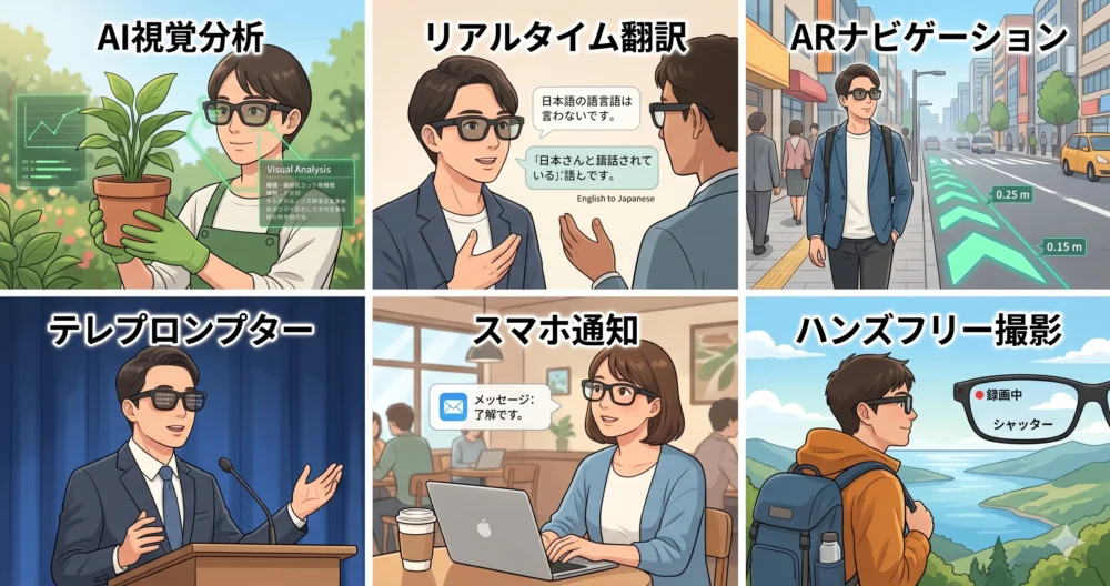 Rokid スマートAIグラスの主要な6つの機能（AI視覚分析、リアルタイム翻訳、ARナビ、テレプロンプター、通知、カメラ）のイメージイラスト。