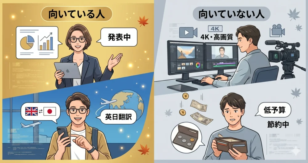 Rokid スマートAIグラスが向いている人（海外旅行・ビジネス・ハンズフリー重視）と向いていない人の特徴イラスト。