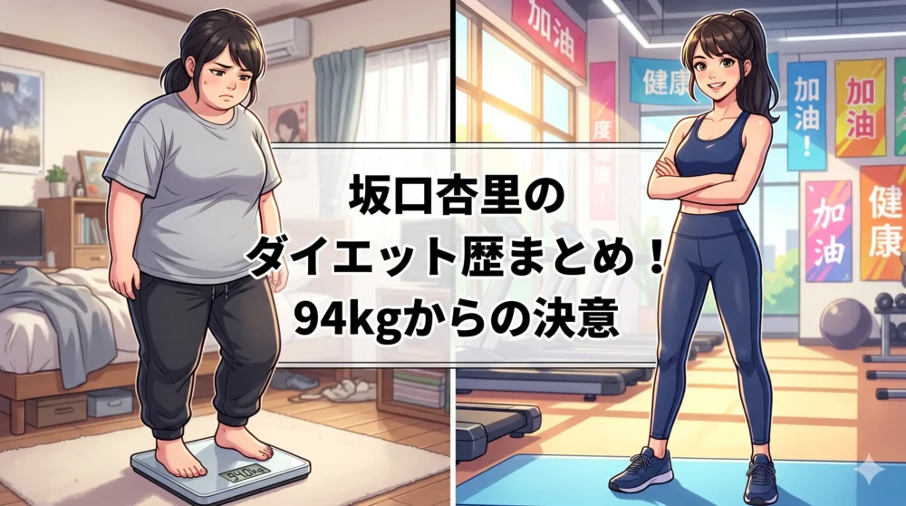 坂口杏里のダイエット歴史まとめ。過去の劇的減量から現在の94kgからの再挑戦までをイメージしたイラスト。