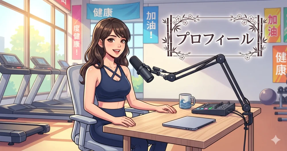 YouTuberやインフルエンサーとしてマイクの前で笑顔で話す日本人女性タレントのプロフィールイメージイラスト。