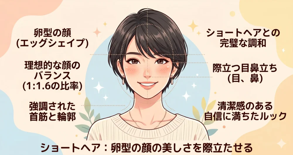 ショートヘアが似合う理想的な卵型の顔立ち、すっきりした横顔、細く長い首のラインを解説する女性のイラスト図解。