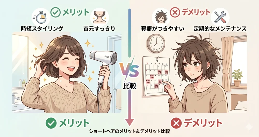 ショートヘアのメリット（ドライヤーが楽、首回りすっきり）とデメリット（定期的なカットが必要、寝癖がつきやすい）を比較する左右分割のわかりやすいイラスト。