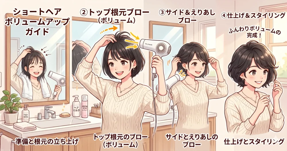 自宅の洗面所でドライヤーを使い、ショートヘアの根元を立ち上げながらふんわりと乾かしている女性のセルフスタイリングイラスト。