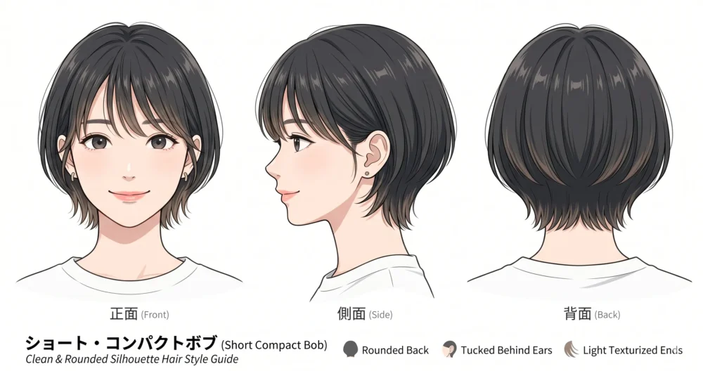 頭の丸みが美しいコンパクトなショートヘアスタイルの女性の三面図（正面・横顔・後ろ姿）。クリーンで抜け感のある髪型の特徴。