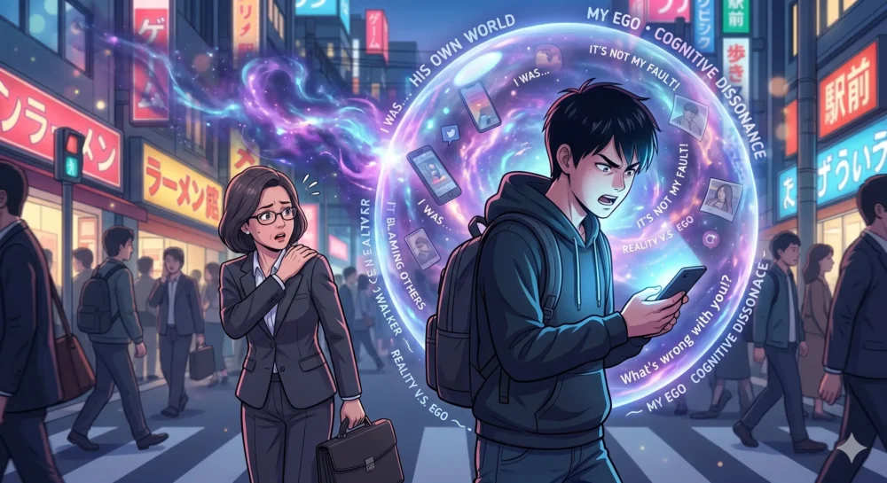 歩きスマホでぶつかったにもかかわらず、認知的不協和によって相手に不満げな視線を向ける加害者心理のイラスト