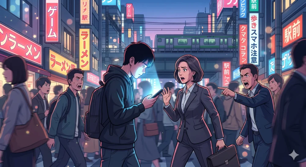 路上でスマートフォンを見ながら歩く若い男性と、歩行者が衝突しそうになっている危険な瞬間のイラスト