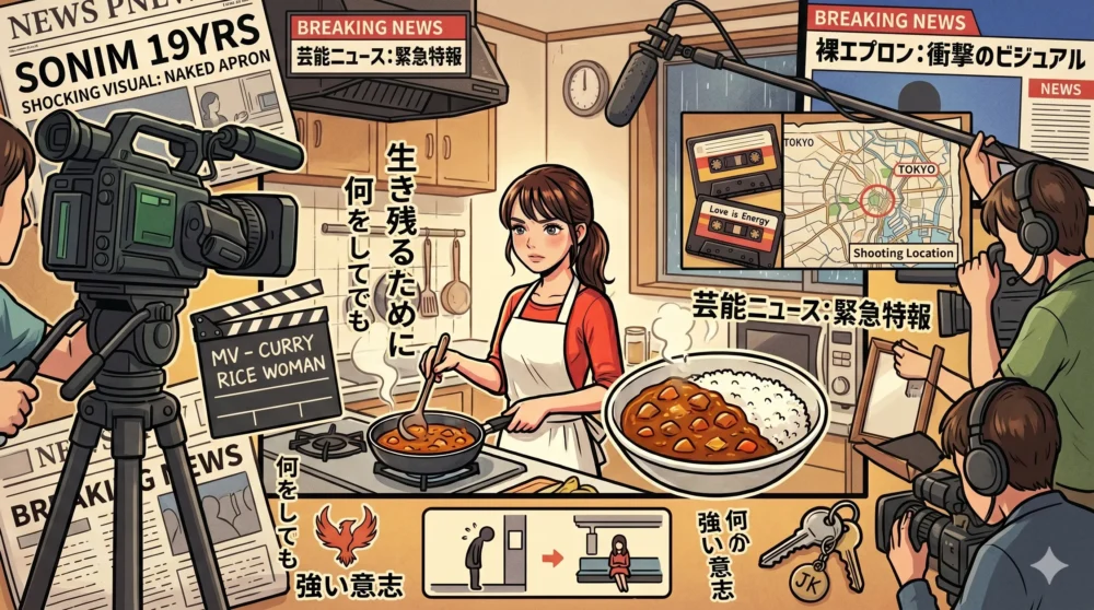 ソニン「カレーライスの女」MV撮影の裏側、裸エプロン姿での撮影の真相をイラストで解説。19歳のソニンの決断、芸能界生き残りへの強い意志を表現。