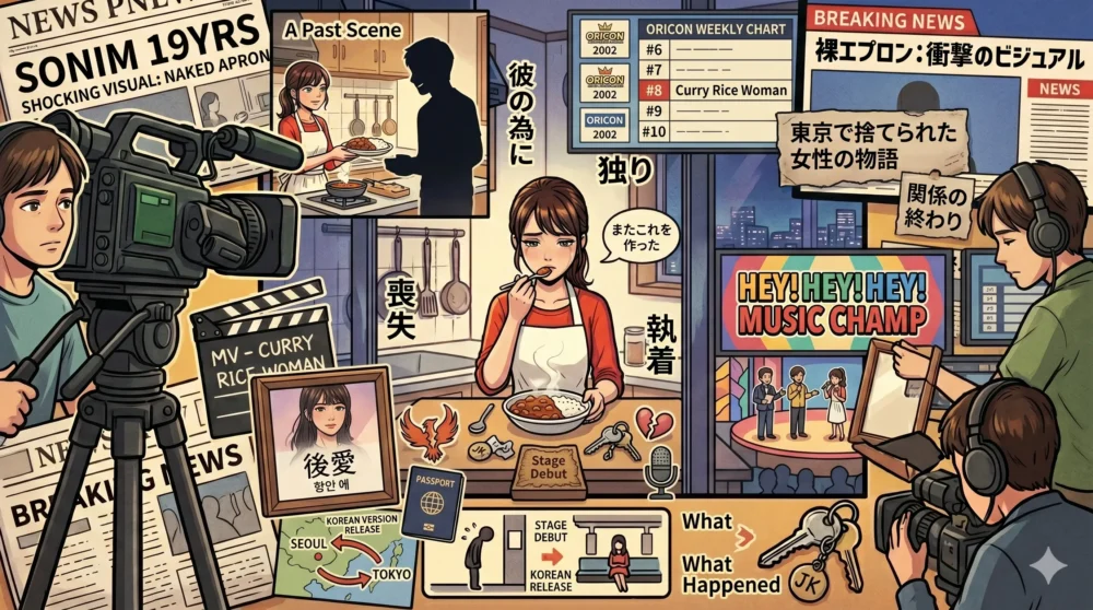 ソニン「カレーライスの女」オリコン週間8位、HEY!HEY!HEY!エンディングテーマ採用によるブレイク、その後の歌手活動や韓国語バージョンリリースについてイラストで解説。