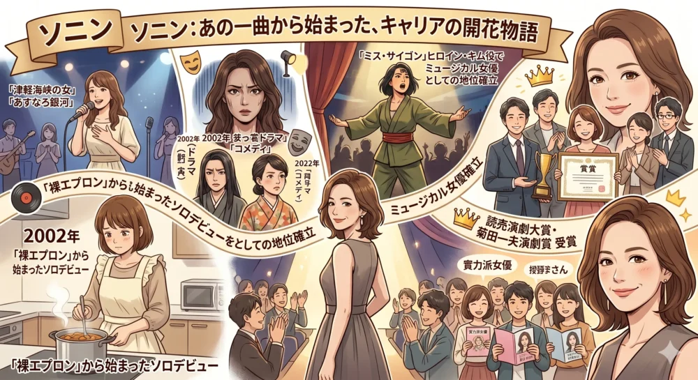 ソニン「カレーライスの女」でソロデビュー後、ドラマ、ミュージカル、そして現在の活躍までをイラストで表現。19歳の少女から実力派女優への成長を描く。