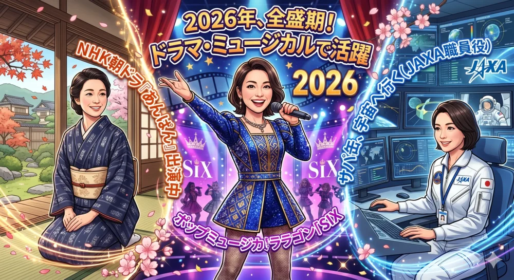 朝ドラ「あんぱん」やミュージカル「SIX」などで2026年も活躍するソニンのイメージイラスト。