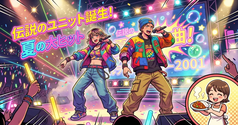 EE JUMP時代とソロデビュー曲「カレーライスの女」のソニンのステージイメージイラスト。