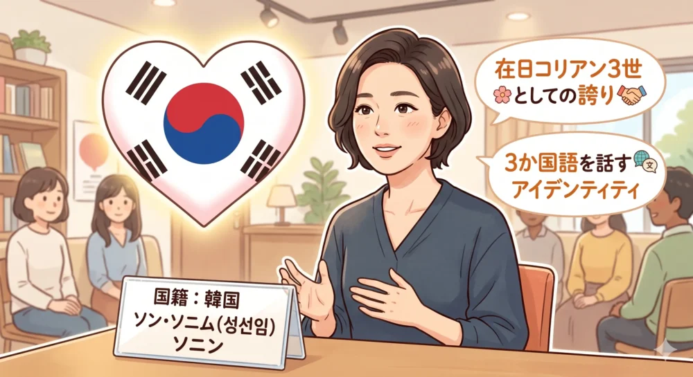 在日コリアン3世としてのアイデンティティと本名を大切にするソニンのイメージイラスト。