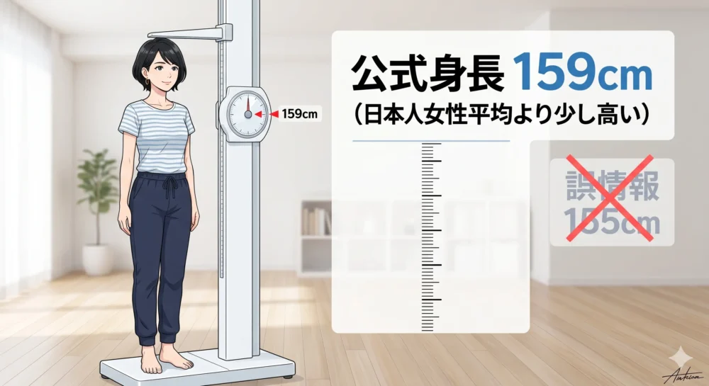 ソニンの公式身長159cmと155cmの誤情報を比較するイラスト。