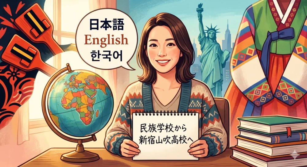 在日韓国人3世として育ち、3か国語を話すソニンのイメージイラスト。