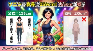 ソニンの身長159cmと155cmの誤情報を比較し、ヴィーガン生活や最新活動を網羅したブログ記事のアイキャッチイラスト。