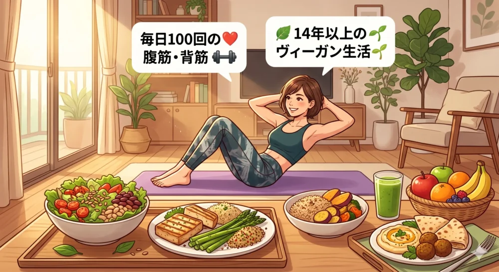 ヴィーガン料理と自重トレーニングで体型を維持するソニンのイメージイラスト。