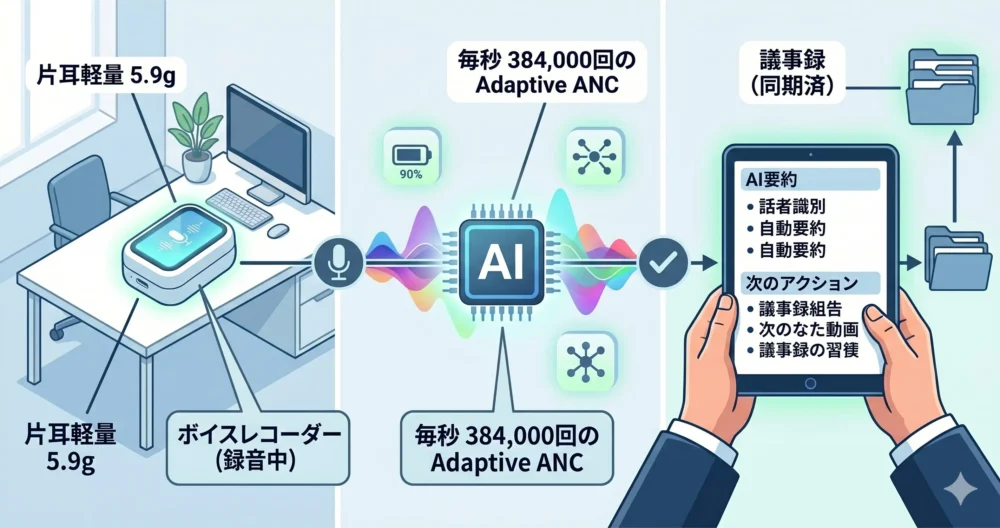 会議の音声を録音し、AIが自動で文字起こし・議事録要約を作成しているビジネス図解イラスト