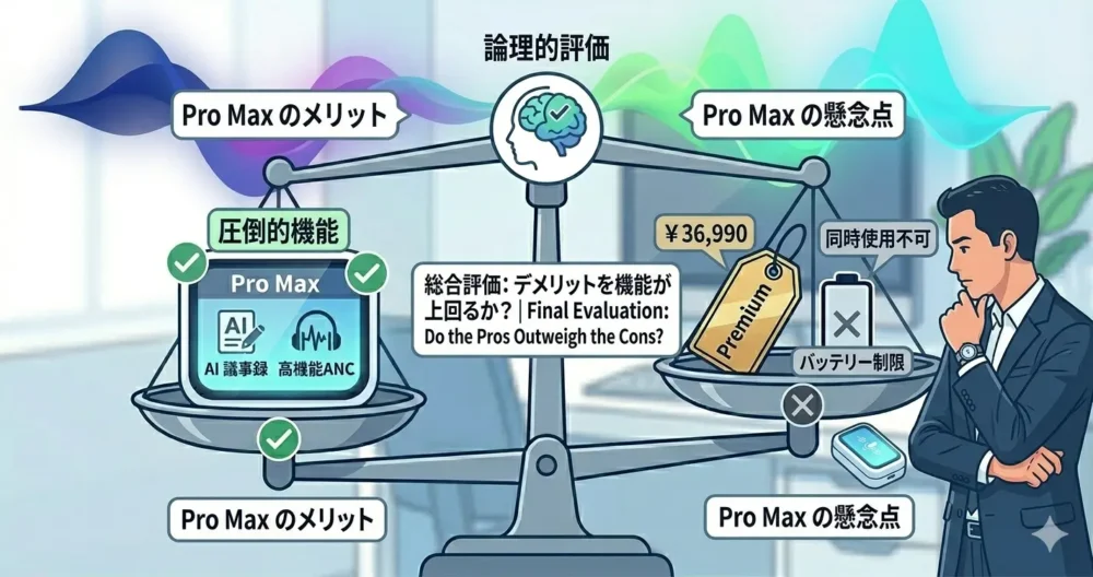 イヤホンのメリット（機能性）とデメリット（価格や同時使用制限）を天秤にかけて比較するイラスト