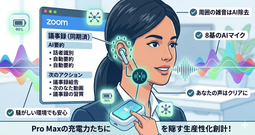 8基のマイクと骨伝導センサーで周囲のノイズを除去しクリアにWeb会議を行う様子
