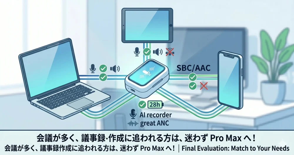 3台マルチポイント接続でPC・スマホ・タブレットと同時に繋がるワイヤレスイヤホンのイラスト