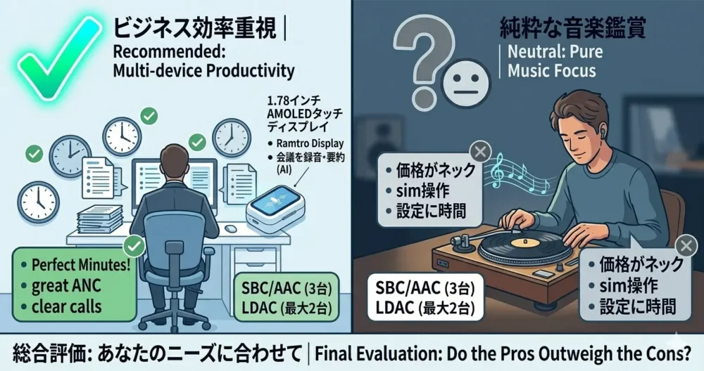 議事録作成が多いビジネスパーソンと、純粋な音楽リスナーでイヤホンの向き不向きを分けるイラスト