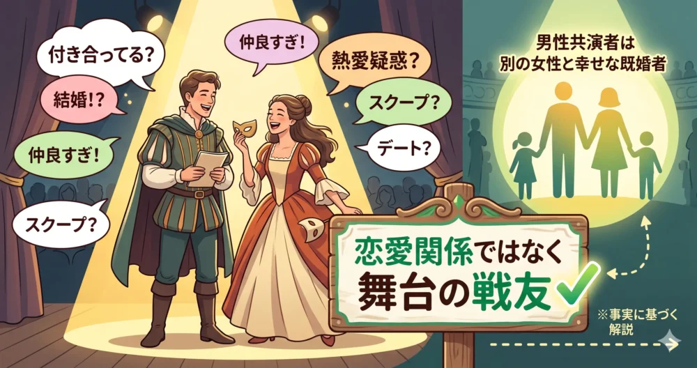 舞台での共演者との熱愛の噂を検証するイラスト。恋愛関係ではなく信頼し合う「戦友・友人」であることを表現。