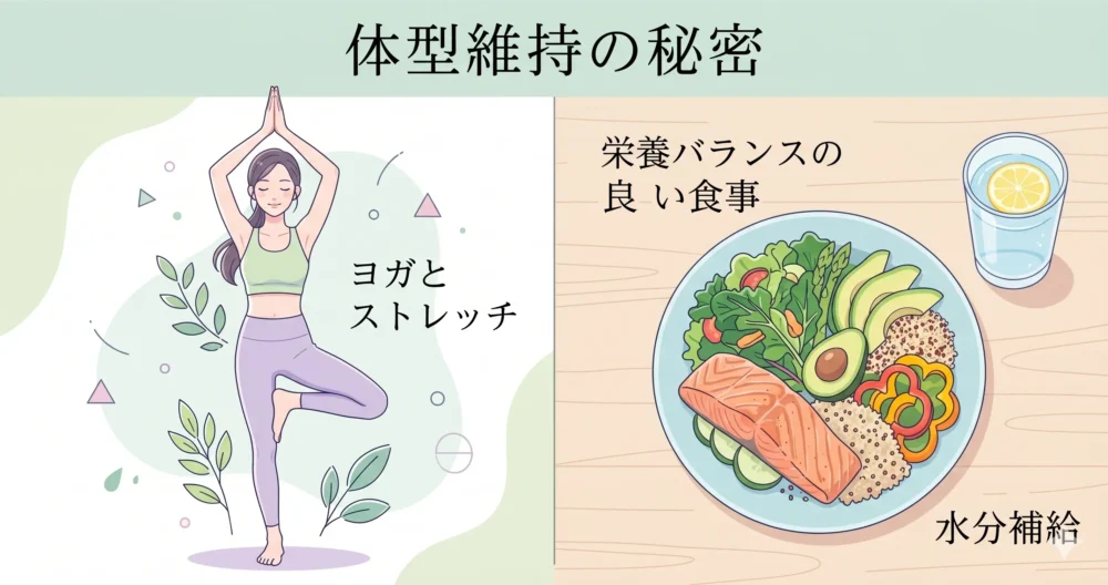 バランスの良い食事やヨガ、体幹トレーニングなど、健康的な体型維持のルーティンを表したイラスト。