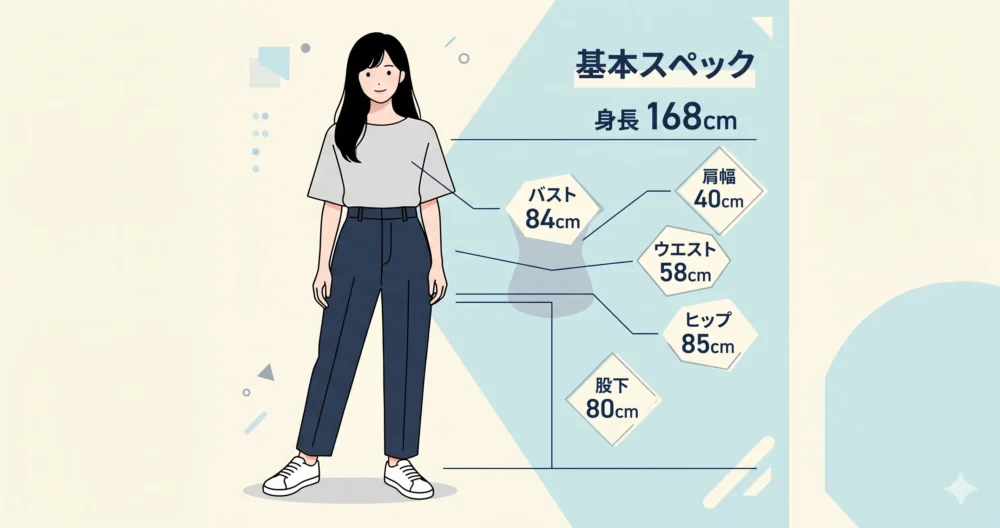 168cmの長身と美しいスタイルを持つ日本人女性モデルのイラスト。バスト、ウエスト、ヒップのメリハリのあるプロポーションを表現した図解。