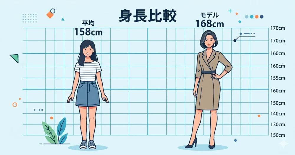 日本人女性の平均身長158cmと、モデルの身長168cmの高さを分かりやすく比較したイラスト図解。