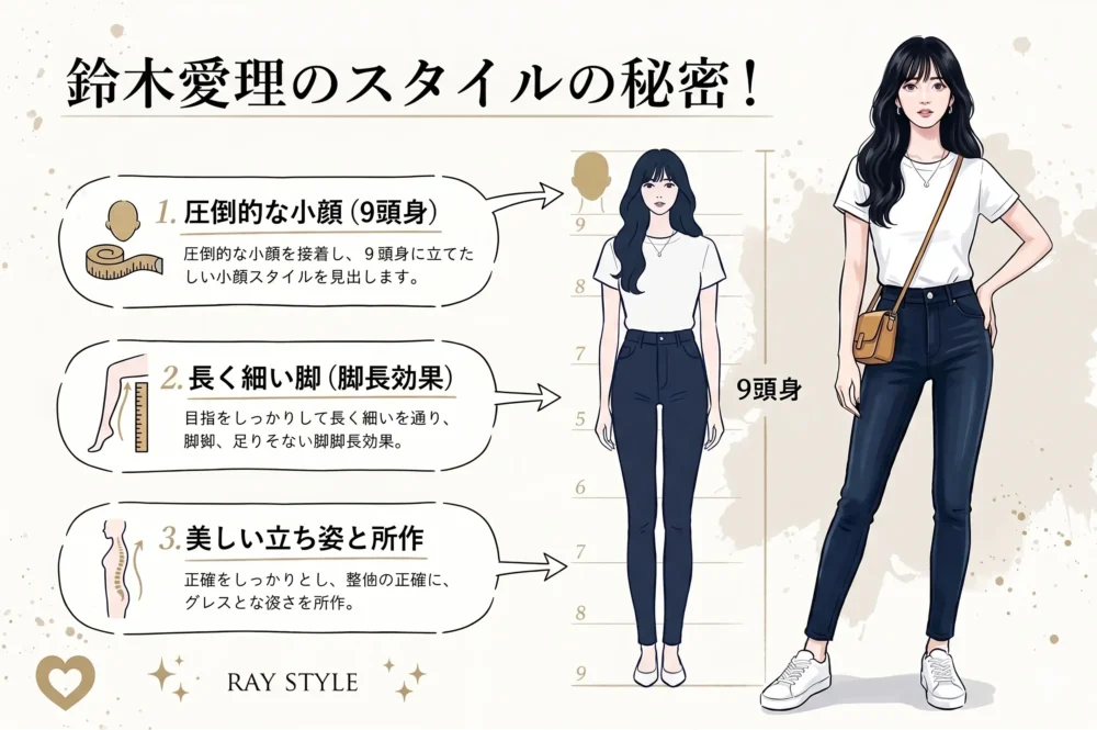 鈴木愛理さんの身長が高く見える理由を、小顔、脚長、美しい立ち姿の3つの要素で解説するイラスト。