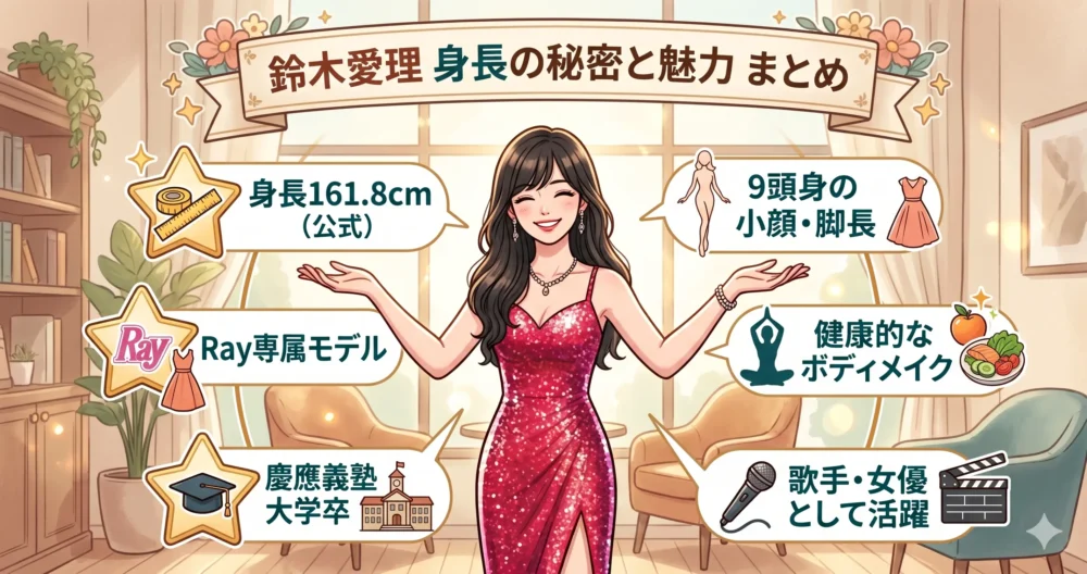 161.8cmの身長、9頭身のプロポーション、健康的なライフスタイル、多方面での活躍など、この記事のポイントをまとめたイラスト。
