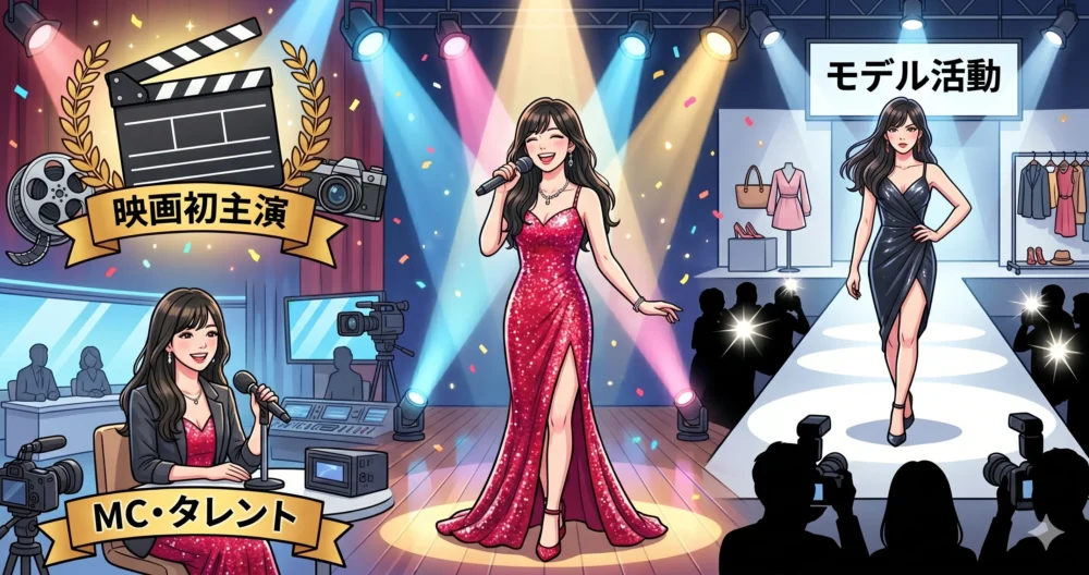 ソロ歌手、映画主演、モデル、テレビMCなど、多方面で活躍する現在の鈴木愛理さんを描いたマルチなイラスト。
