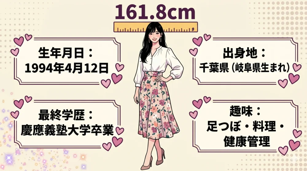 鈴木愛理さんの身長161.8cm、慶應義塾大学卒などの基本プロフィールをまとめたイラスト図解。