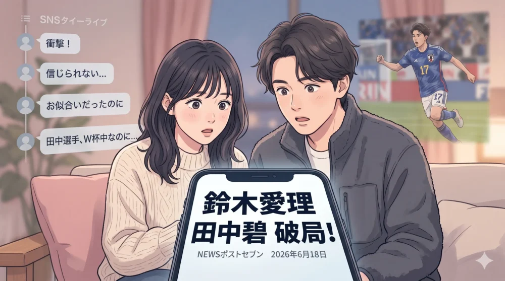 鈴木愛理と田中碧の破局を報じるニュースサイトのスマートフォン画面と、驚く人々のイラスト