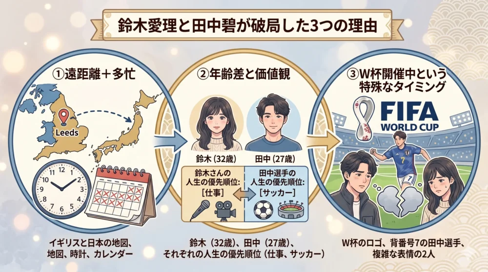 鈴木愛理と田中碧が破局した3つの理由をまとめた図解イラスト