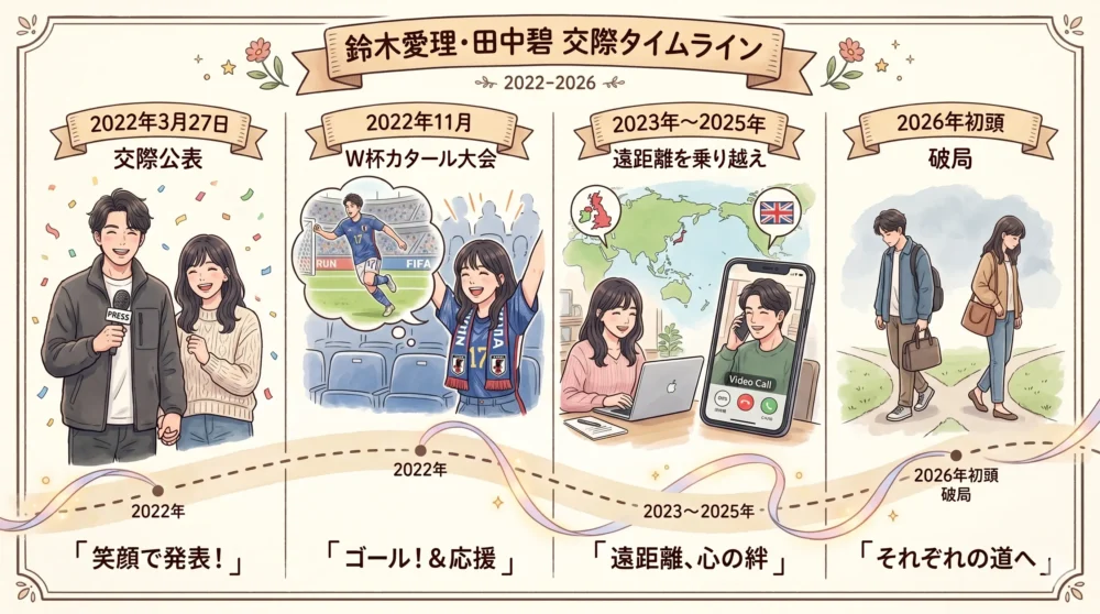 鈴木愛理と田中碧の交際の歴史を時系列で表したタイムラインのイラスト