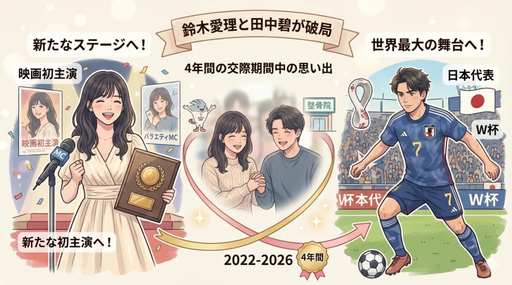 鈴木愛理と田中碧の破局と、それぞれの新たな道への一歩を表現したイラスト