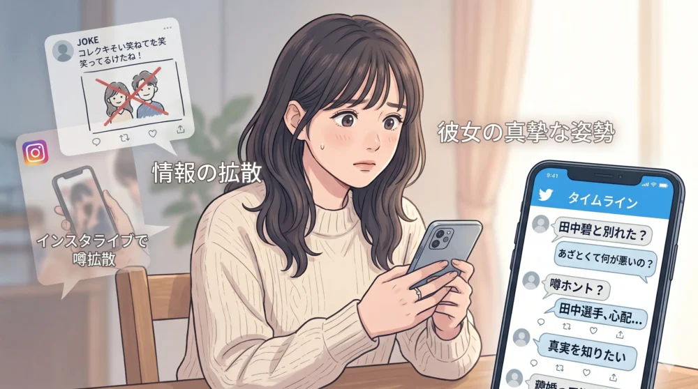 鈴木愛理と田中碧の破局の噂が広まる様子と、それを打ち消す2人のイラスト
