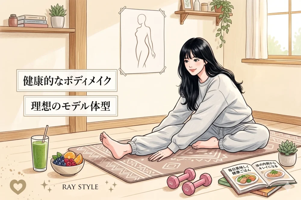 鈴木愛理さんの健康的なスタイル維持と40kg台前半とされるモデル体型のイメージを表現したイラスト。