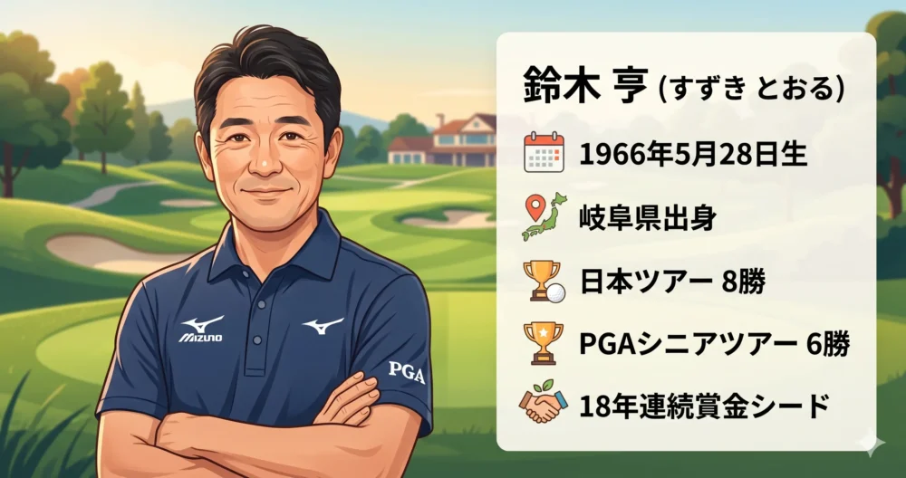 プロゴルファー鈴木亨のプロフィール。ツアー8勝、シニア6勝の実績をイラストで紹介。